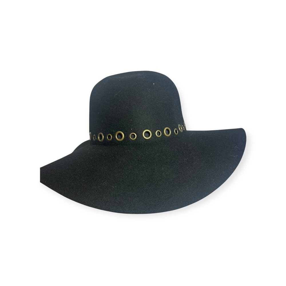 Melrose and Market black Wool hat With Brass Grommets Around The Hat